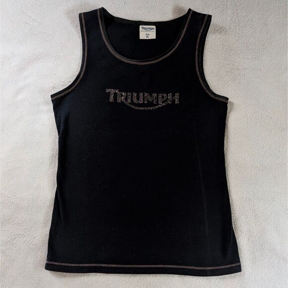 Triumph Motorcycle Graphic Tank Top Women's Large Black Rhinestone Logo Y2K - Picture 2 of 9